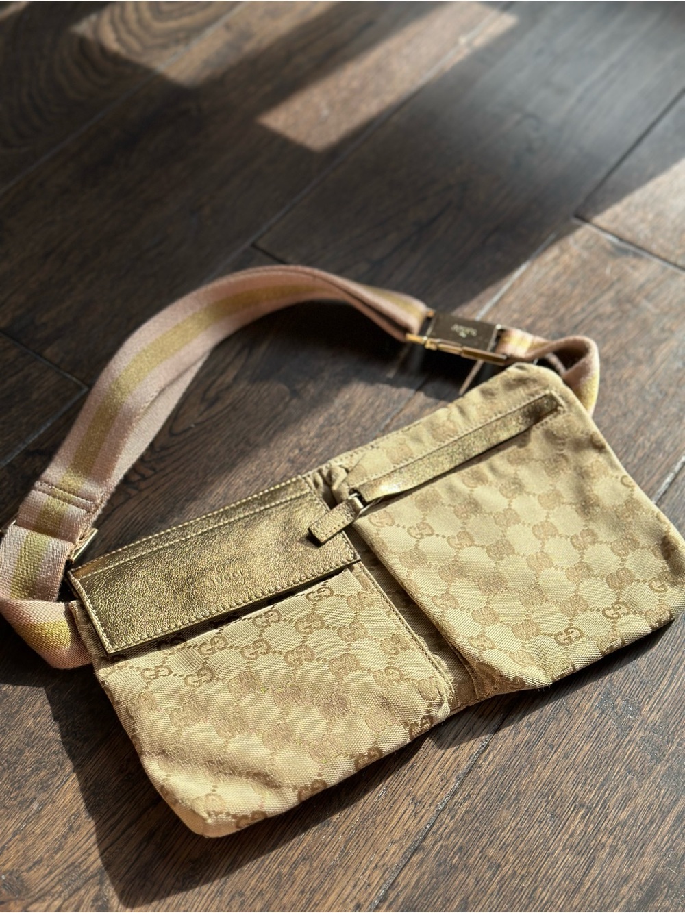Gucci GG Canvas Double Pocket Belt Bag Pink and Gold
